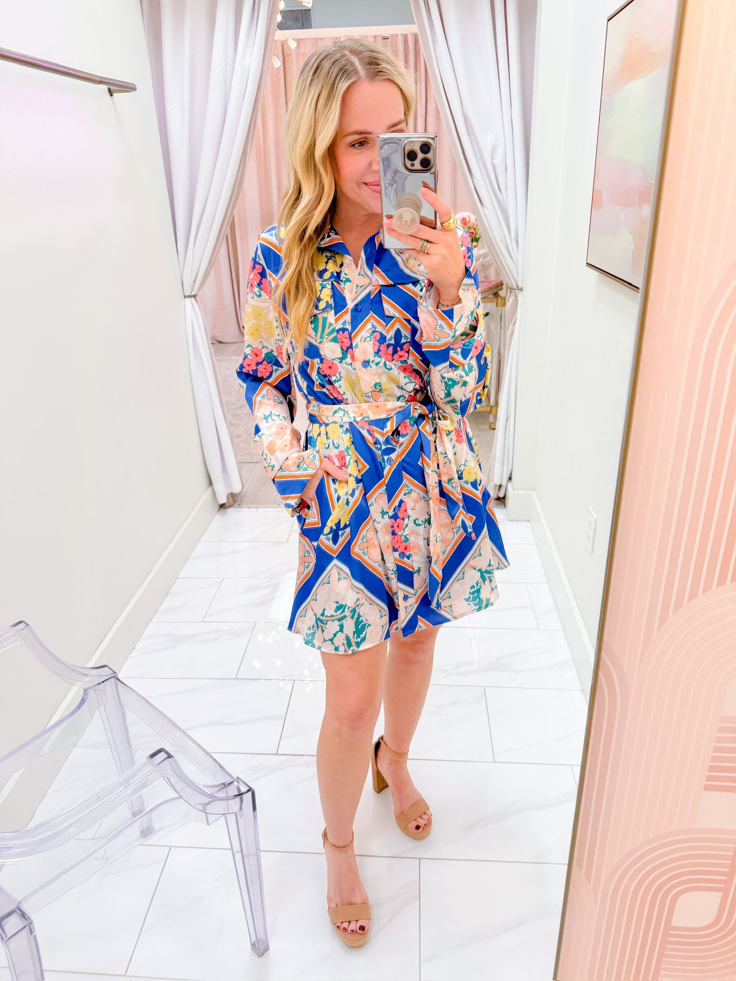 Aster Scarf Print Satin Shirt Dress