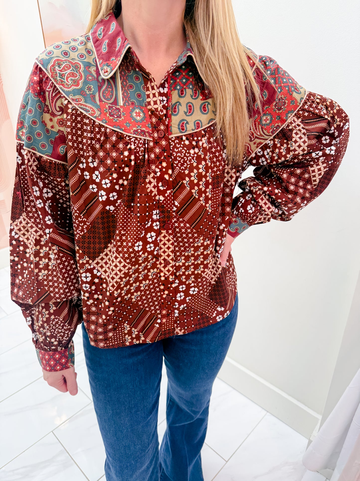 Della Patchwork Button Blouse