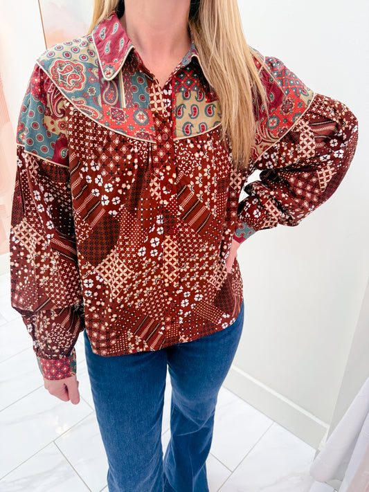 Della Patchwork Button Blouse