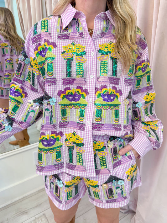 Gingham Mardi Gras Porches Button Up Top