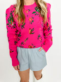 Floral Puff Sleeve Crew Sweater