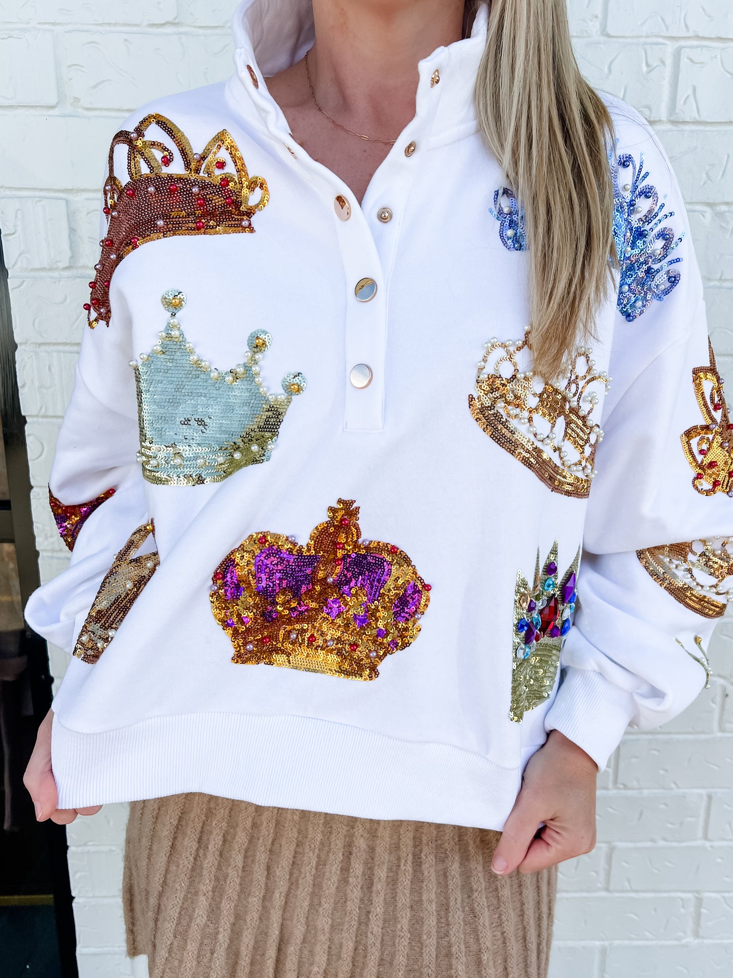 Sequin Crown Button Up Sweatshirt