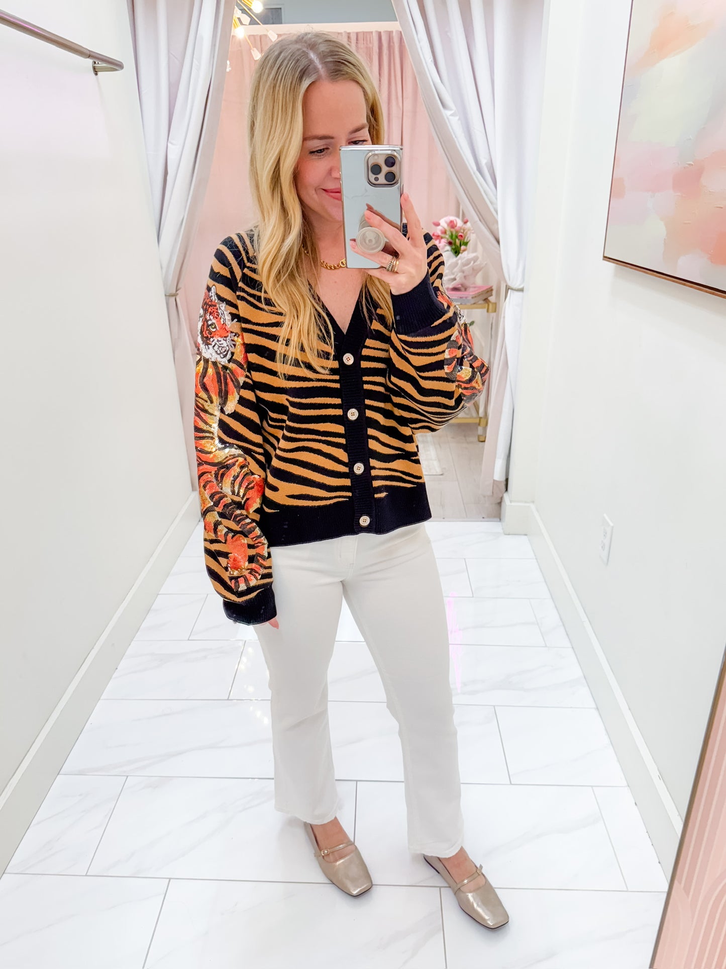 Tiger Stripe Button Cardigan w/ Crawling Tigers