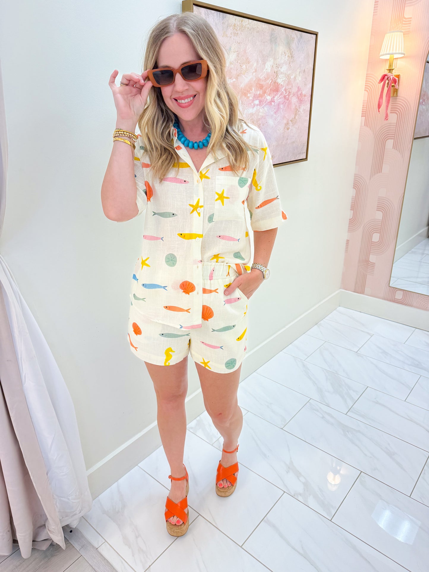 Multi Fish Shirt Button Up Top