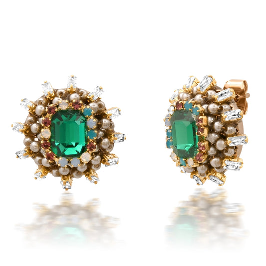 Tai Mixed Media Pearl & Emerald Stone Studs