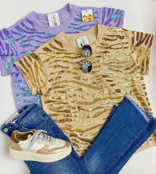 Seed Bead & Sequin Tiger Stripe Tee Beige