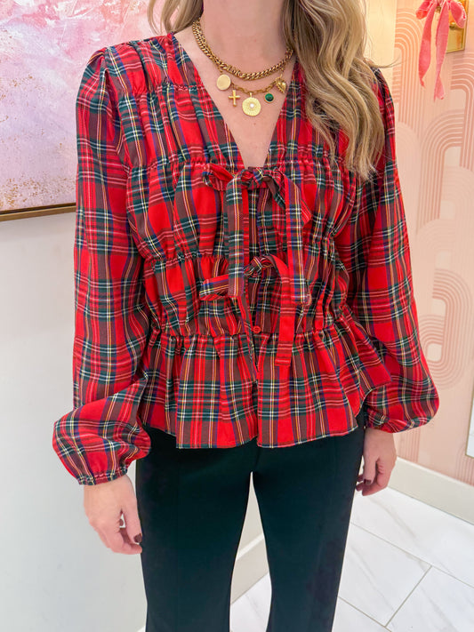 Tartan Tie Front Blouse