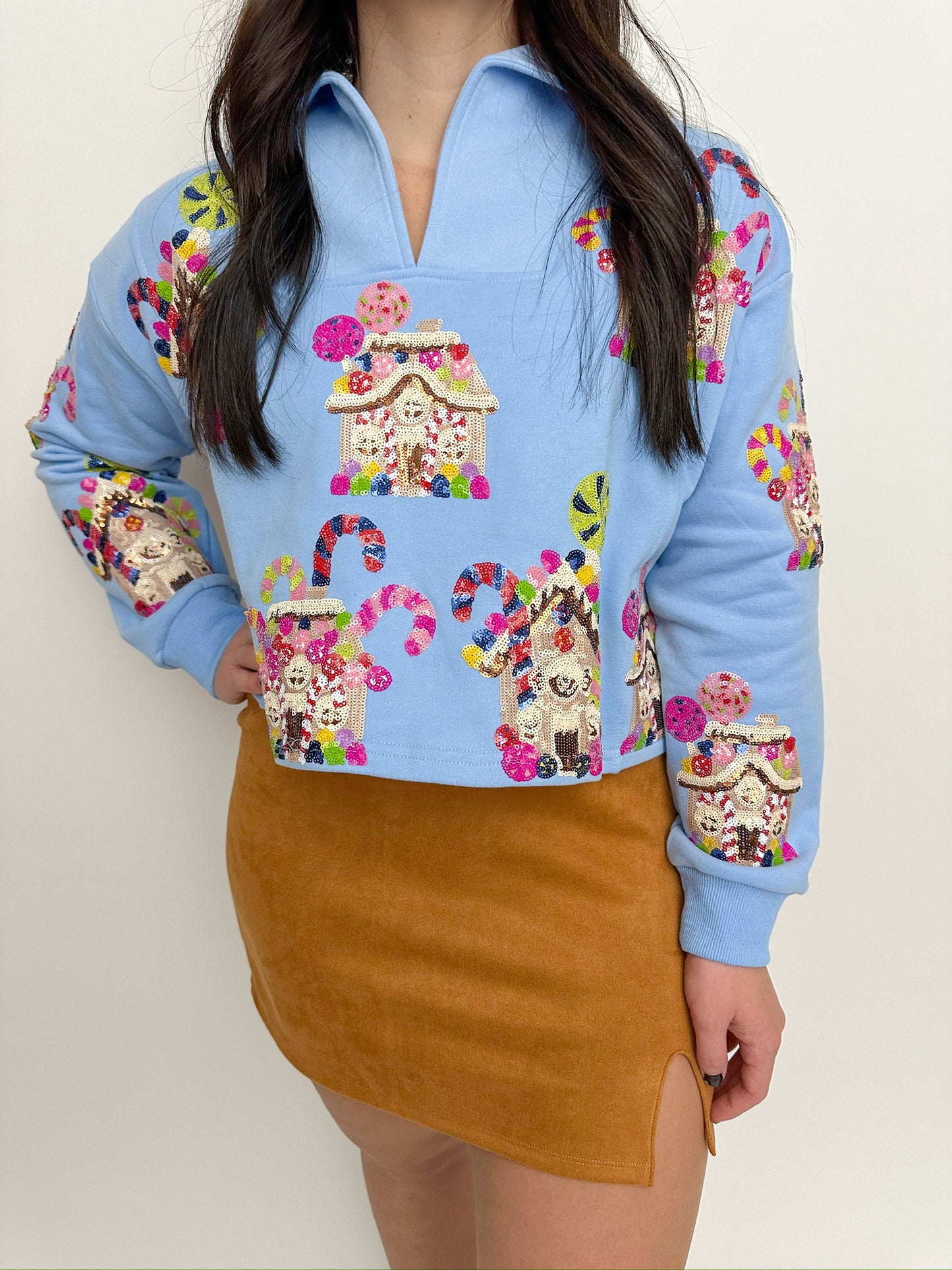 Sequin Gingerbread Houses Collar Sweatshirt