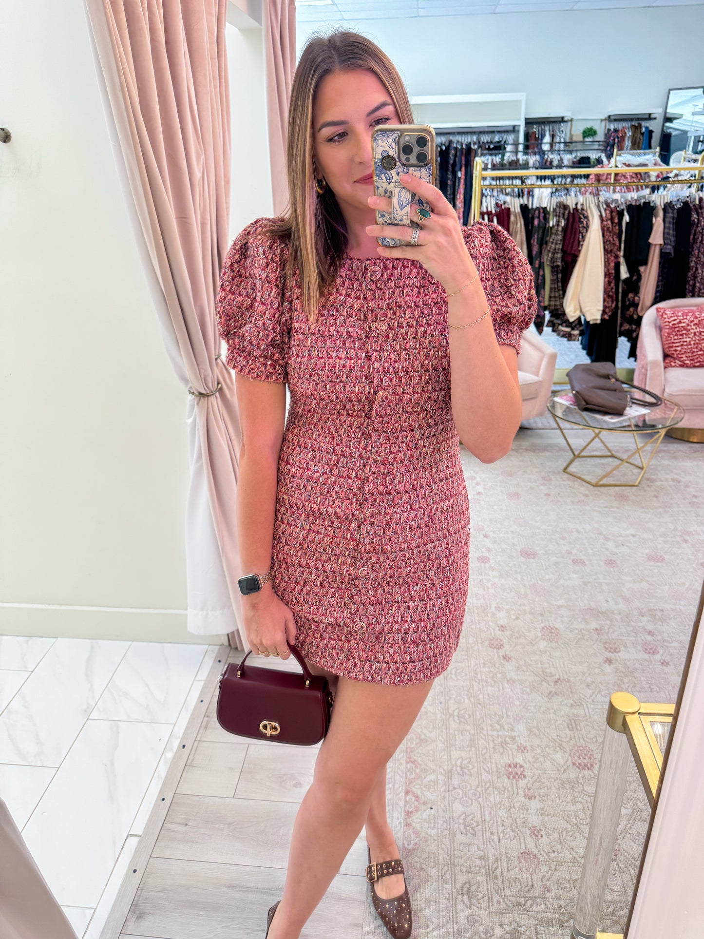 Cranberry Tweed Puff Sleeve Mini Dress