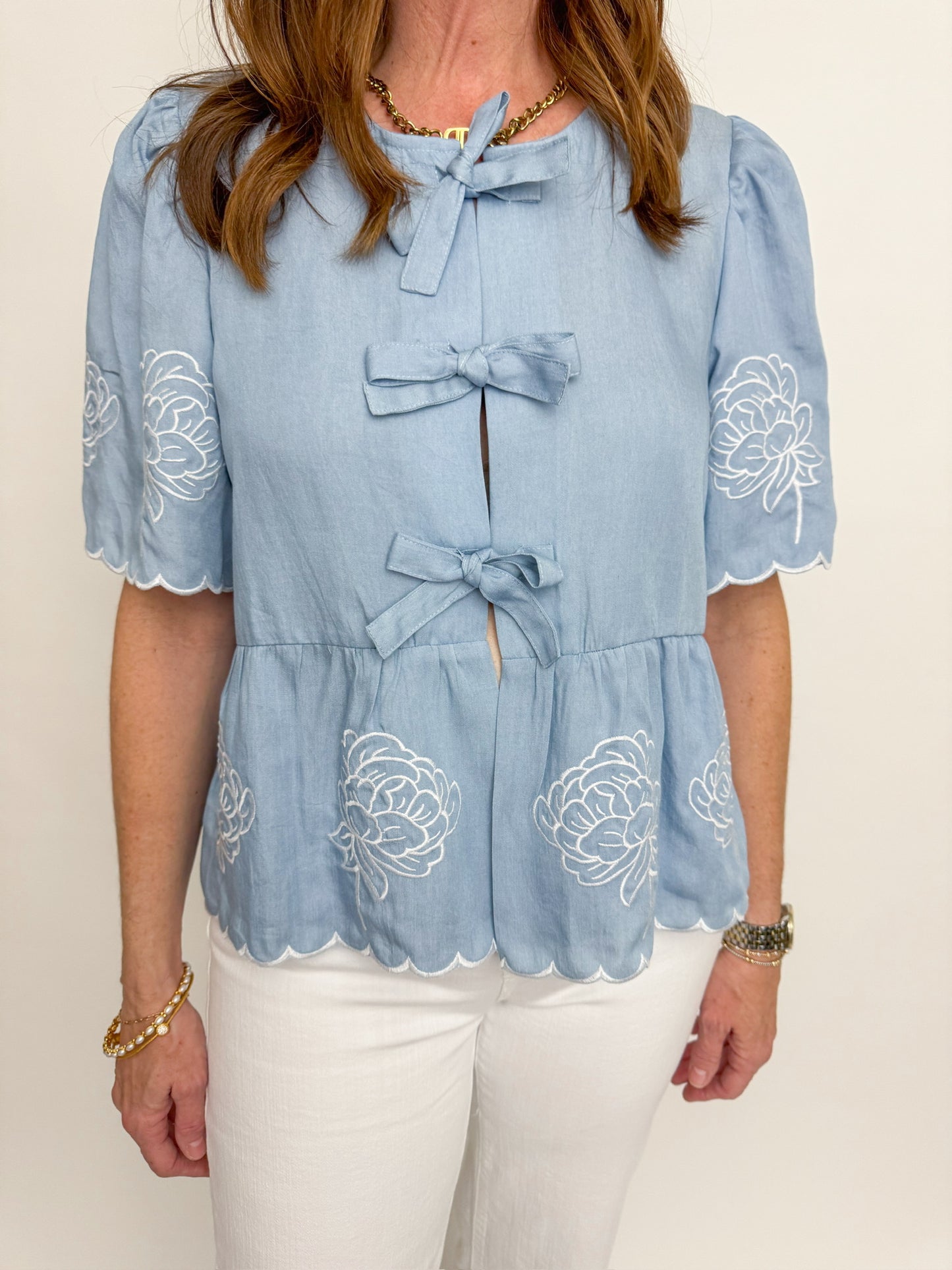 Delphinium Floral Embroidery Blouse