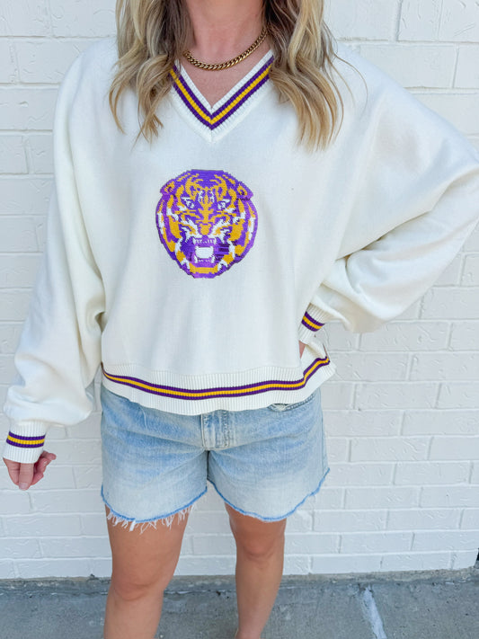LSU Vneck Sweater with Small Mascot