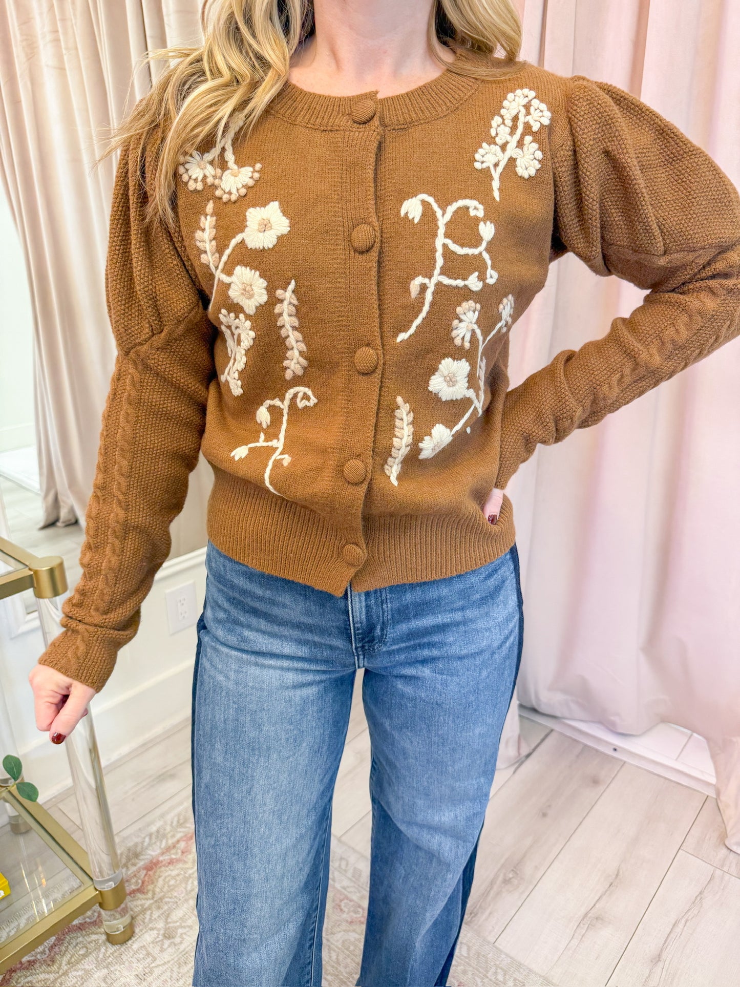 Cottage Floral Embroidered Knit Cardigan