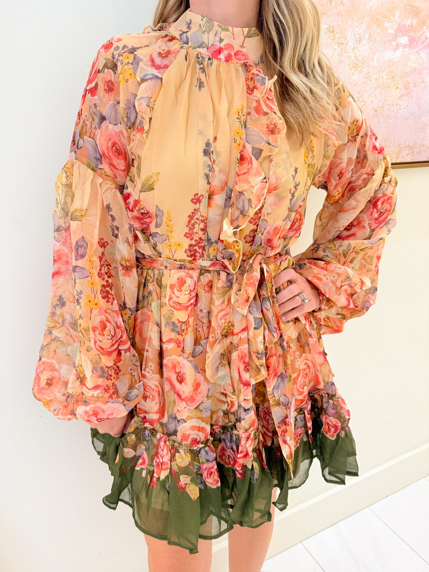 Evening Garden Mini Dress with Tie Belt