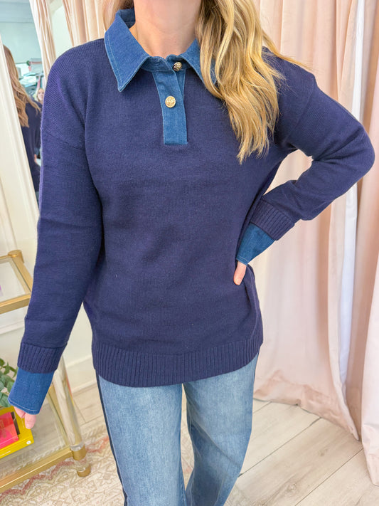 On The Clock Denim Collared Sweater