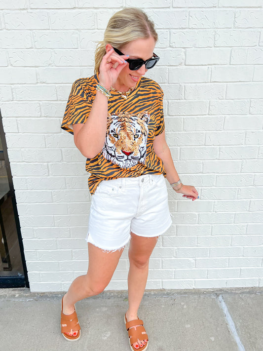 Sequin Tiger Head On Tiger Print Tee