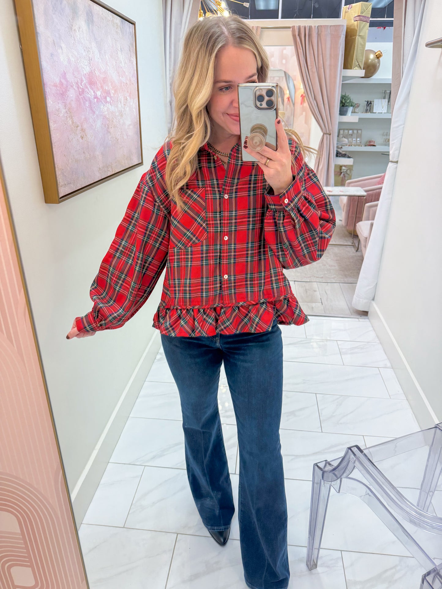 Tartan Ruffle Bottom Button Up Blouse