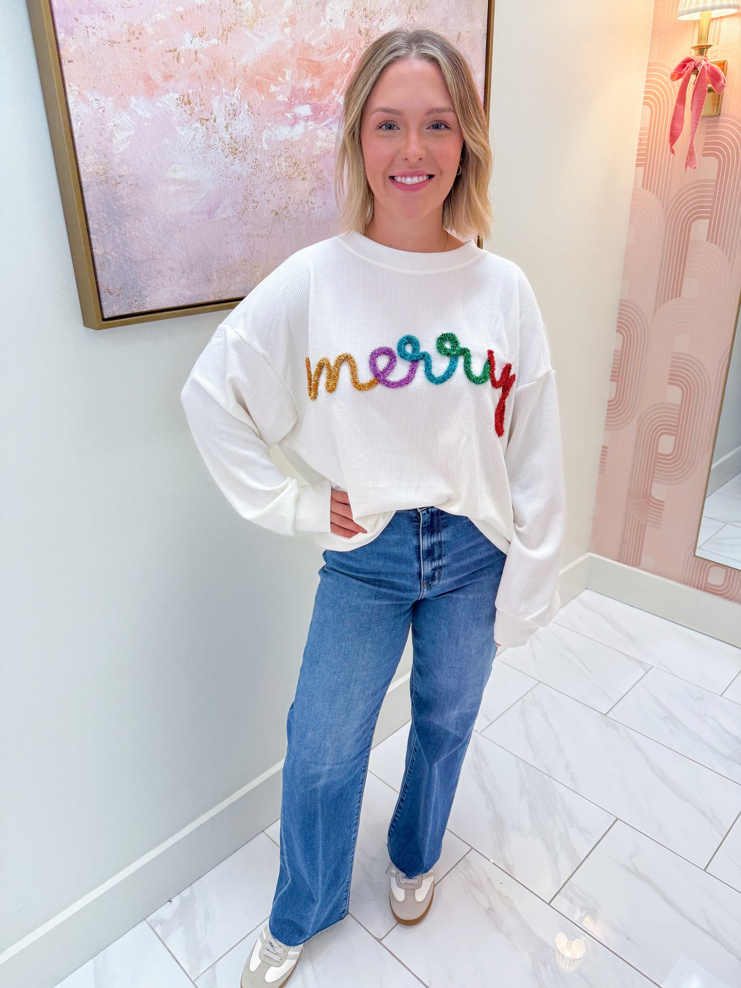 Merry Tinsel Letter Ribbed Sweater