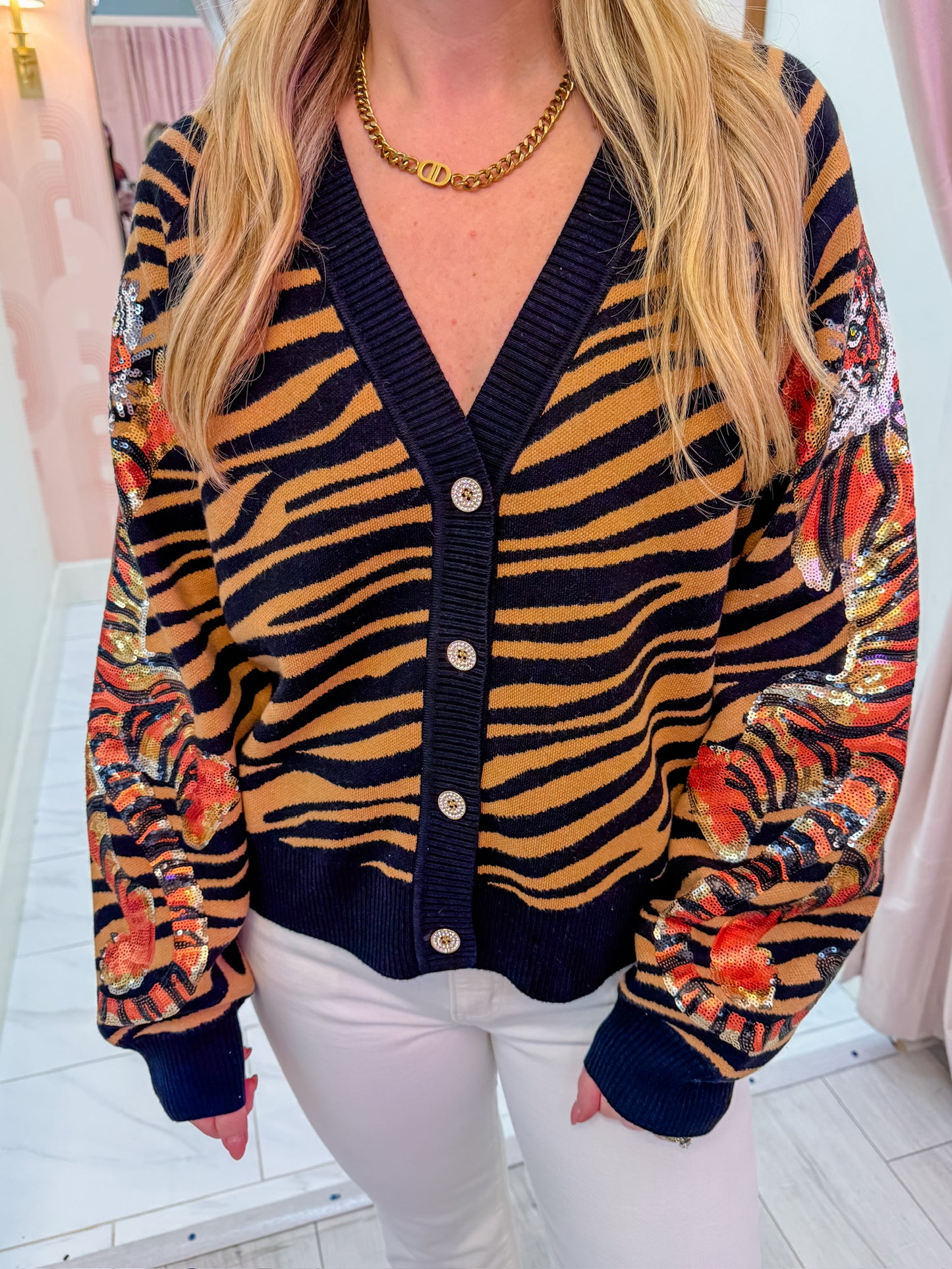 Tiger Stripe Button Cardigan w/ Crawling Tigers