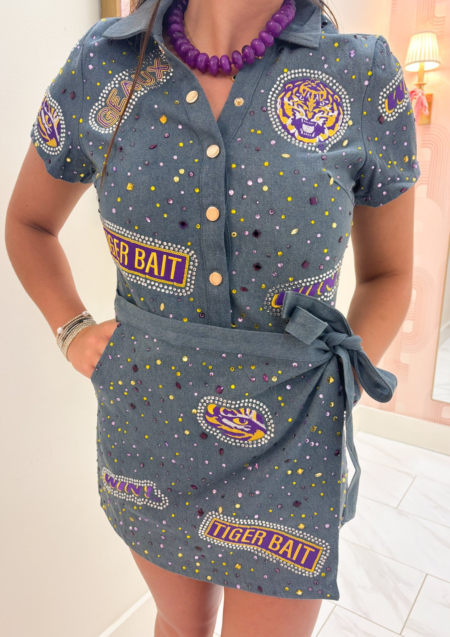 LSU Denim Rhinestone Logo Romper
