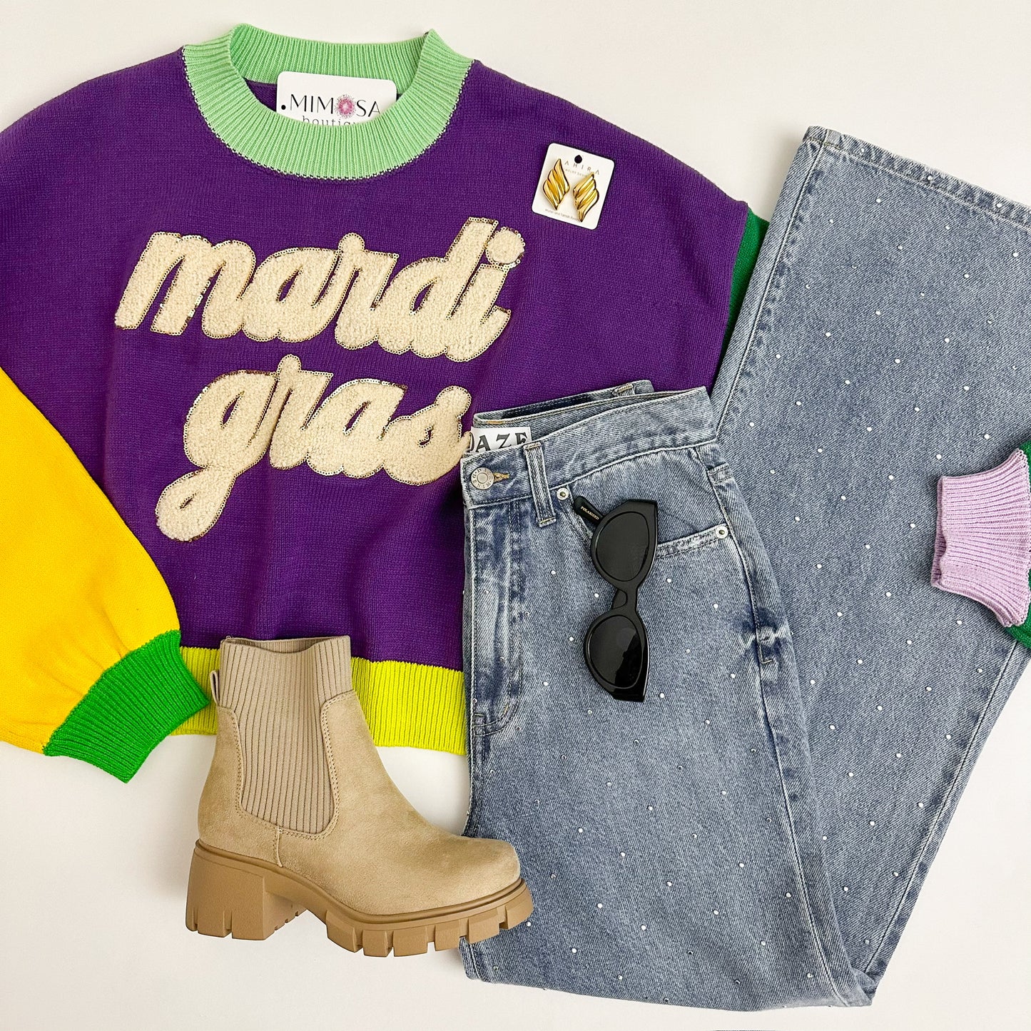 Colorblock Fuzzy Mardi Gras Sweater