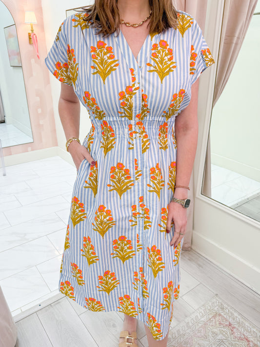 Viola Striped Floral Midi Dress