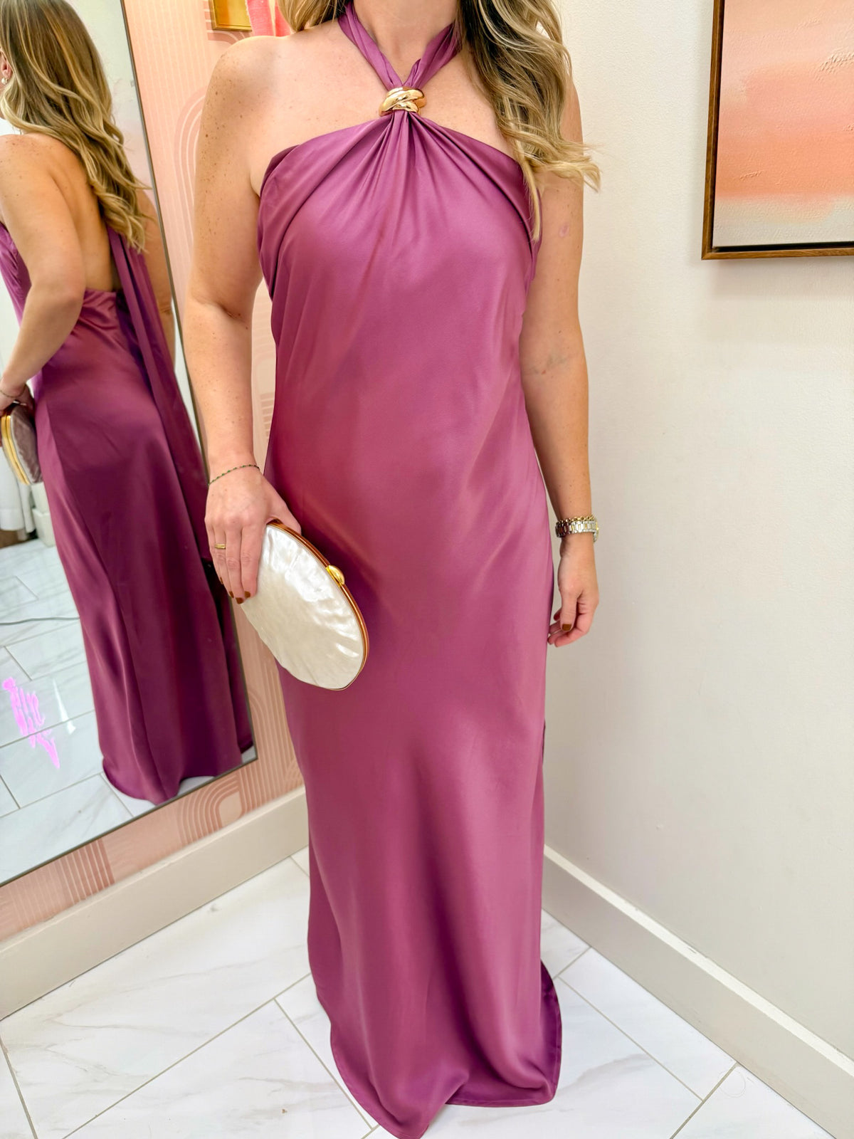 Solid Satin Halter Maxi Dress