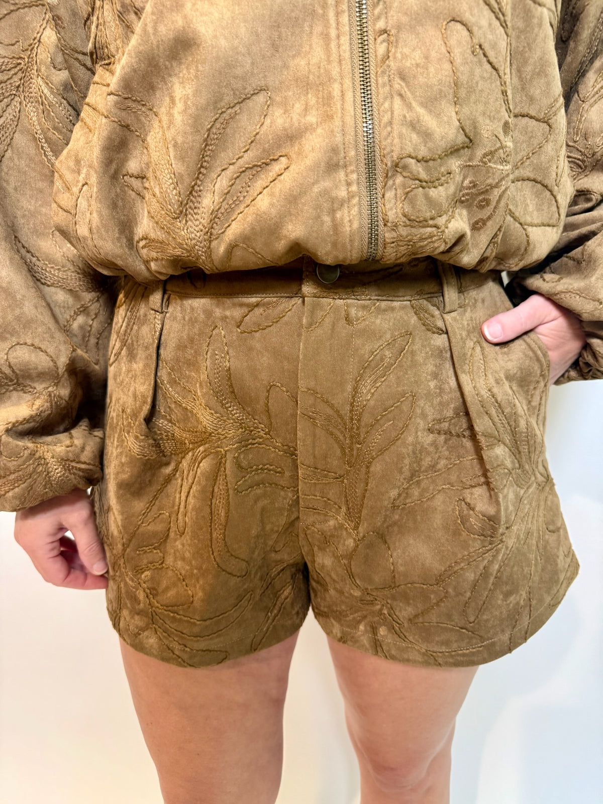 Suede Floral Textured Shorts