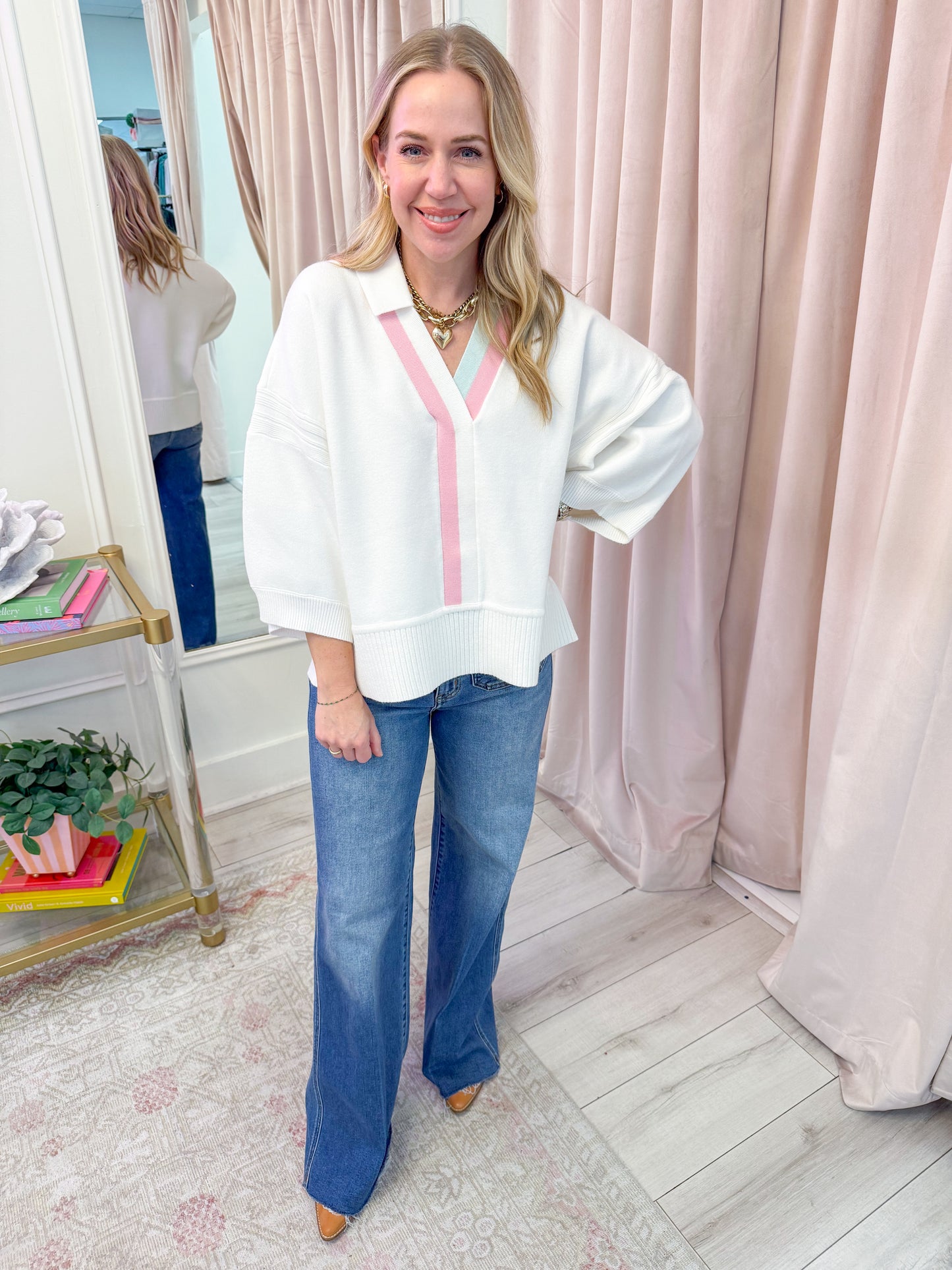 Sasha Stripe V Collared Sweater