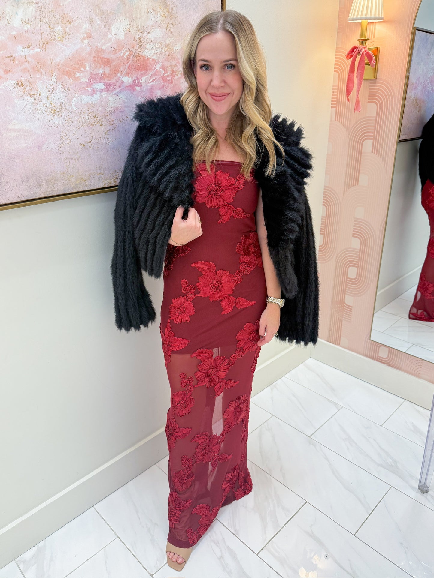 Strapless Pressed Floral Maxi Dress