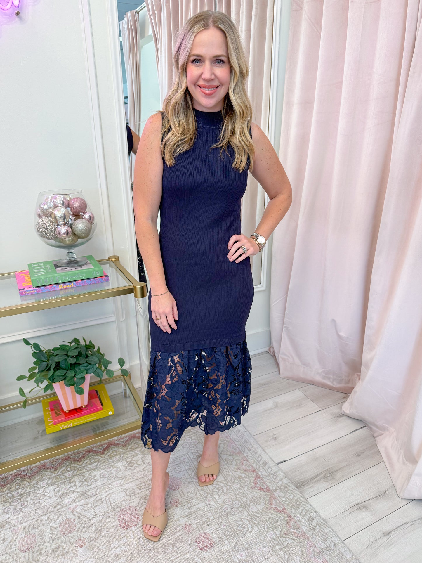 Brielle Mock Rib Knit Lace Midi Dress