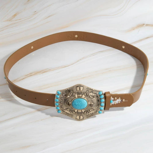 Turq Stone Western Concho Buckle Leather Belt