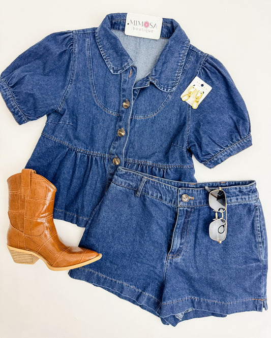 Klein Collared Denim Top & Short Set