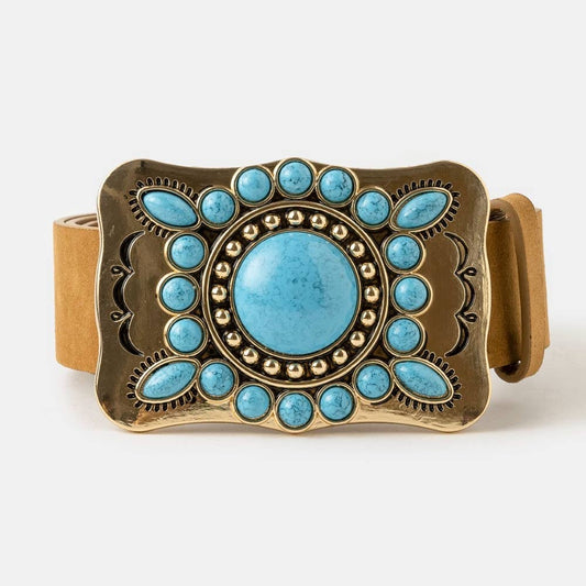 Large Turq Stone Concho Buckle Leather Belt