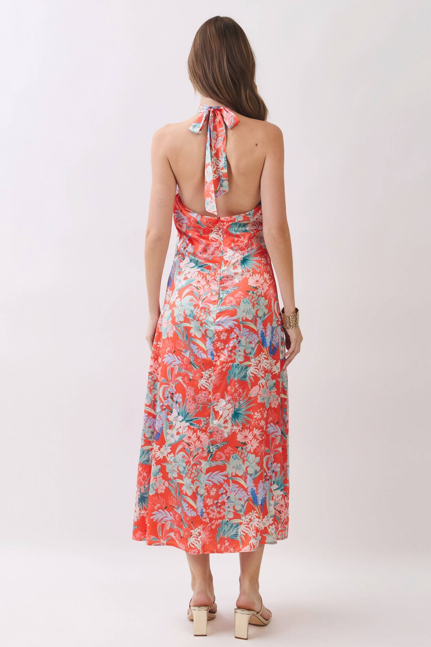 Tropical Floral Print Halter Midi Dress