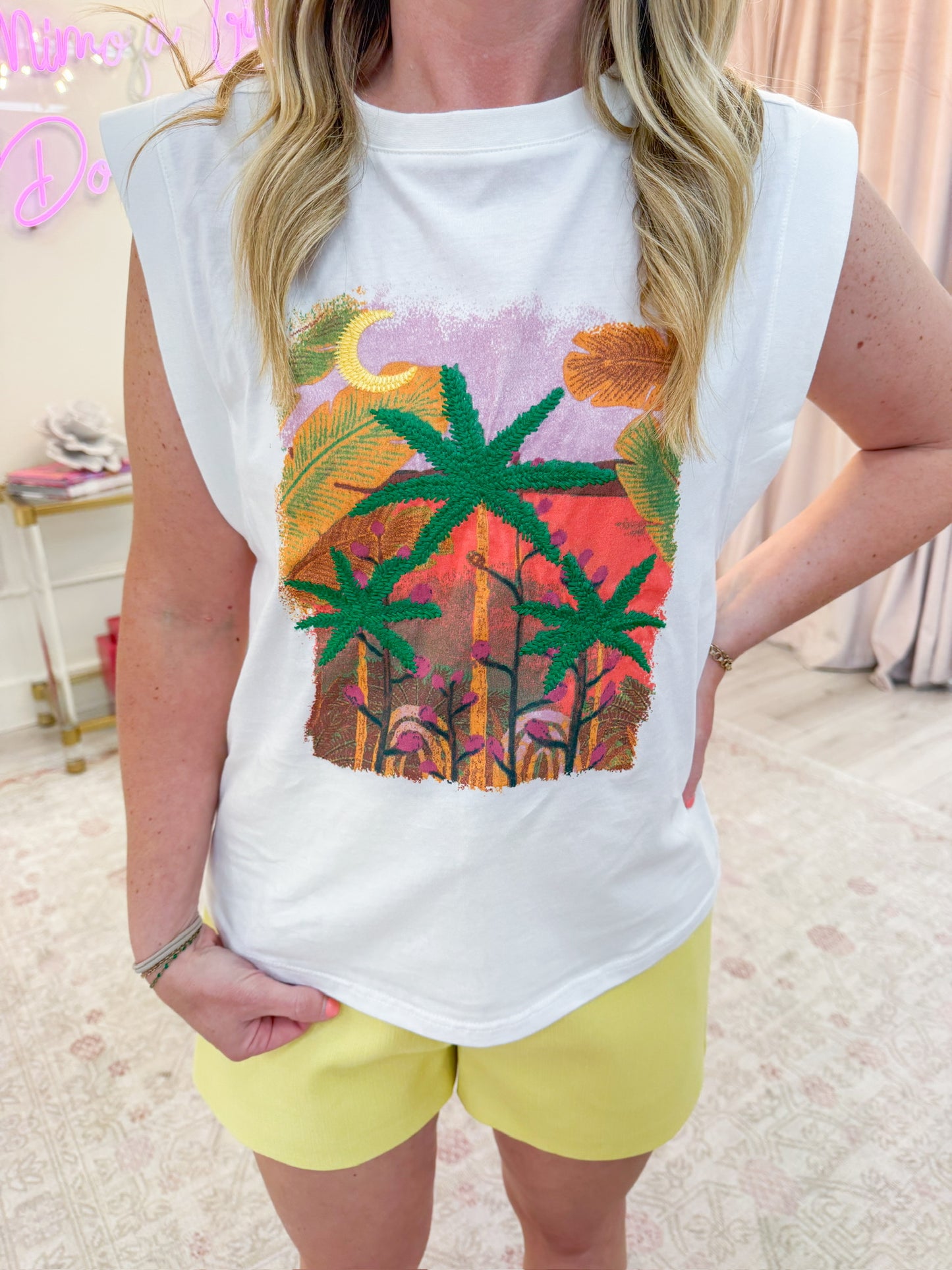 Moonlit Palm Embroidered Muscle Tee