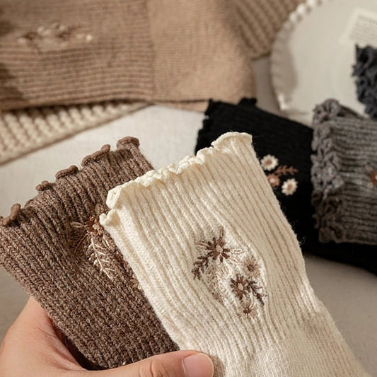 Plush Floral Embroidered Socks