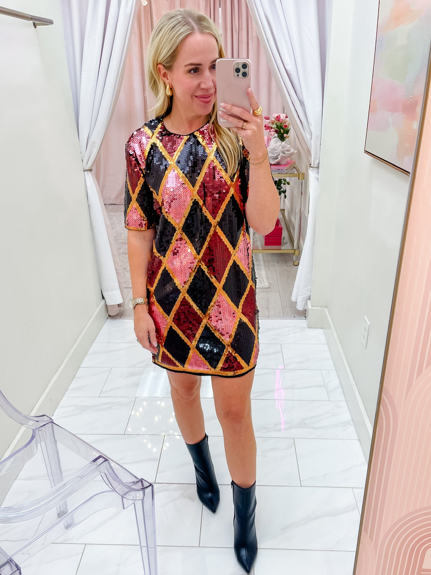 Argyle Sequin Shift Dress