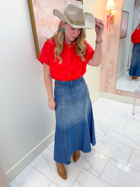 Equestrian Chic Denim Midi Skirt