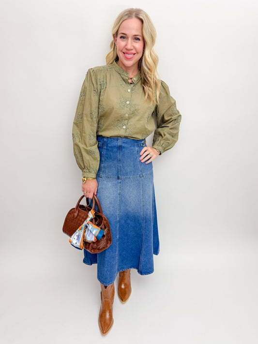 Olive Textured Floral Blouse