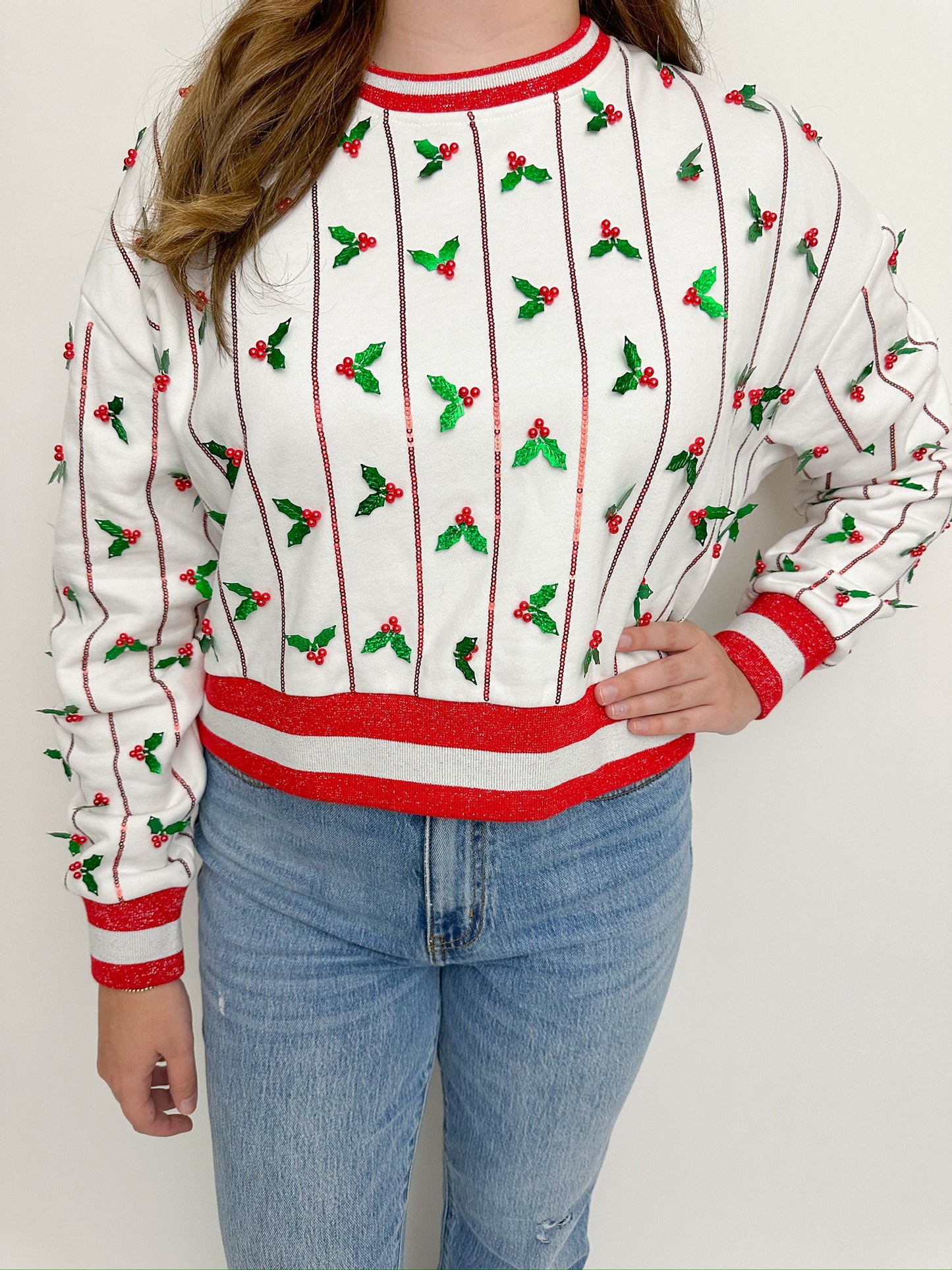 Sequin Stripes & Holly Sweatshirt