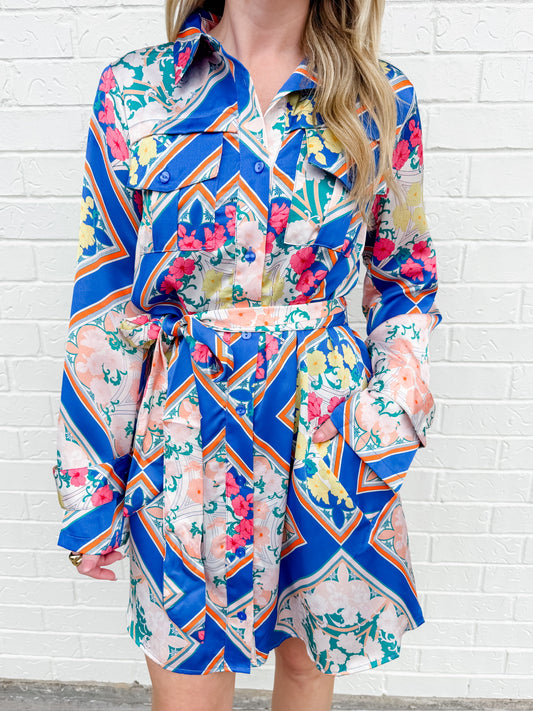 Aster Scarf Print Satin Shirt Dress