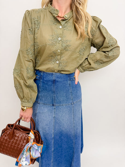 Olive Textured Floral Blouse