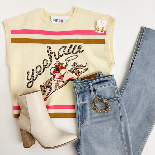 Beige Yeehaw Cowgirl Knit Top