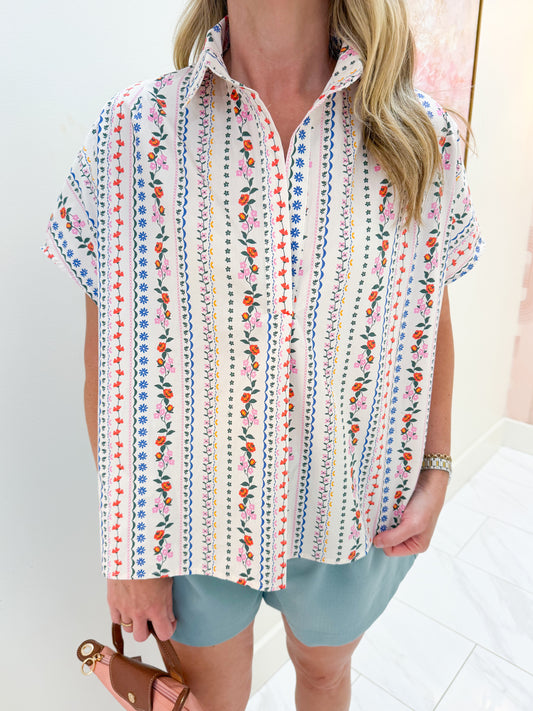 French Floral Collar V-neck Top
