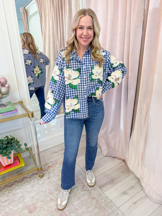 Checkered Scattered Magnolia Button Up Top
