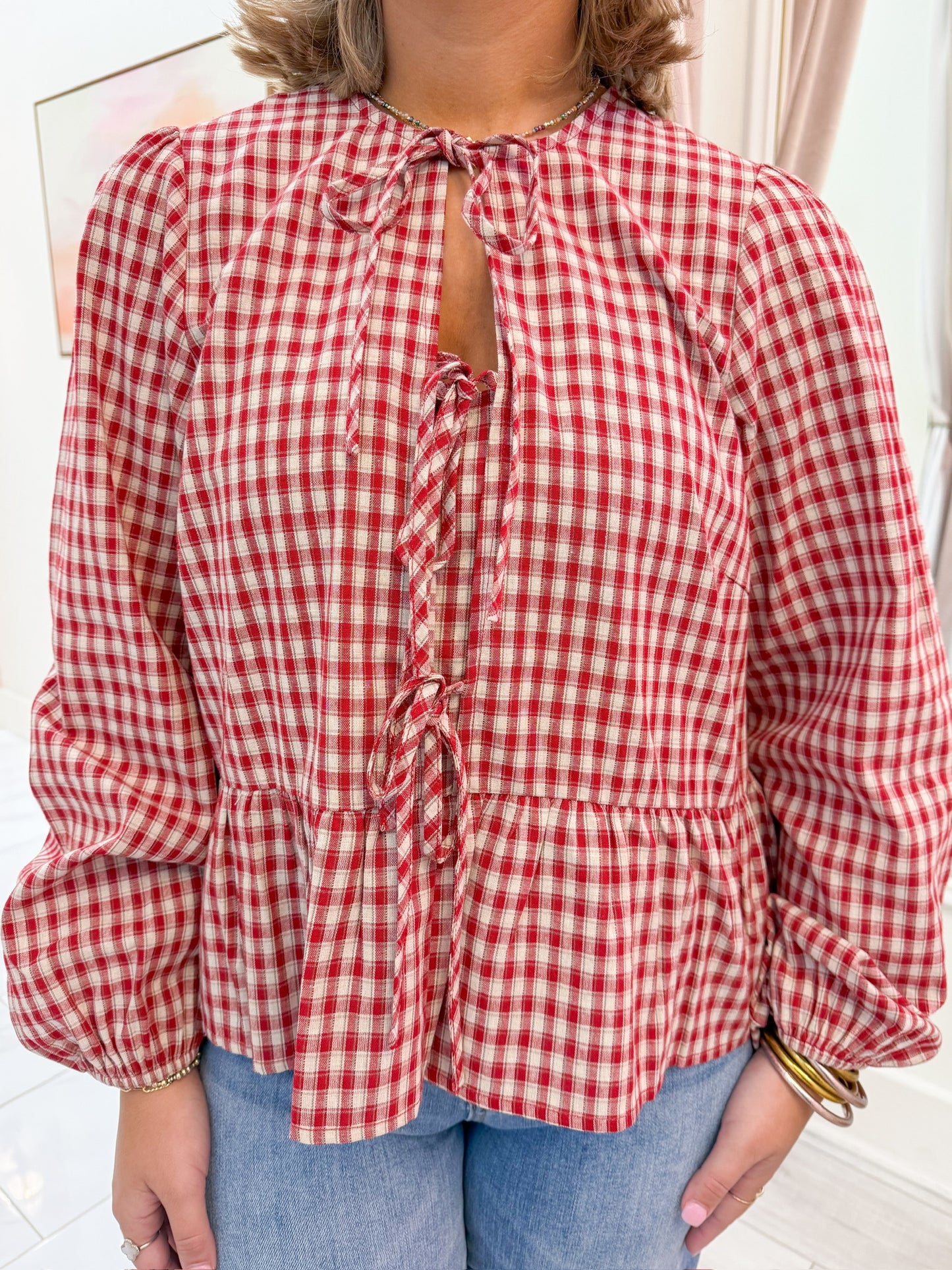 Cadence Plaid Long Sleeve Tie Top