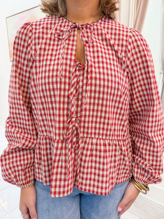 Cadence Plaid Long Sleeve Tie Top