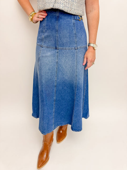Equestrian Chic Denim Midi Skirt