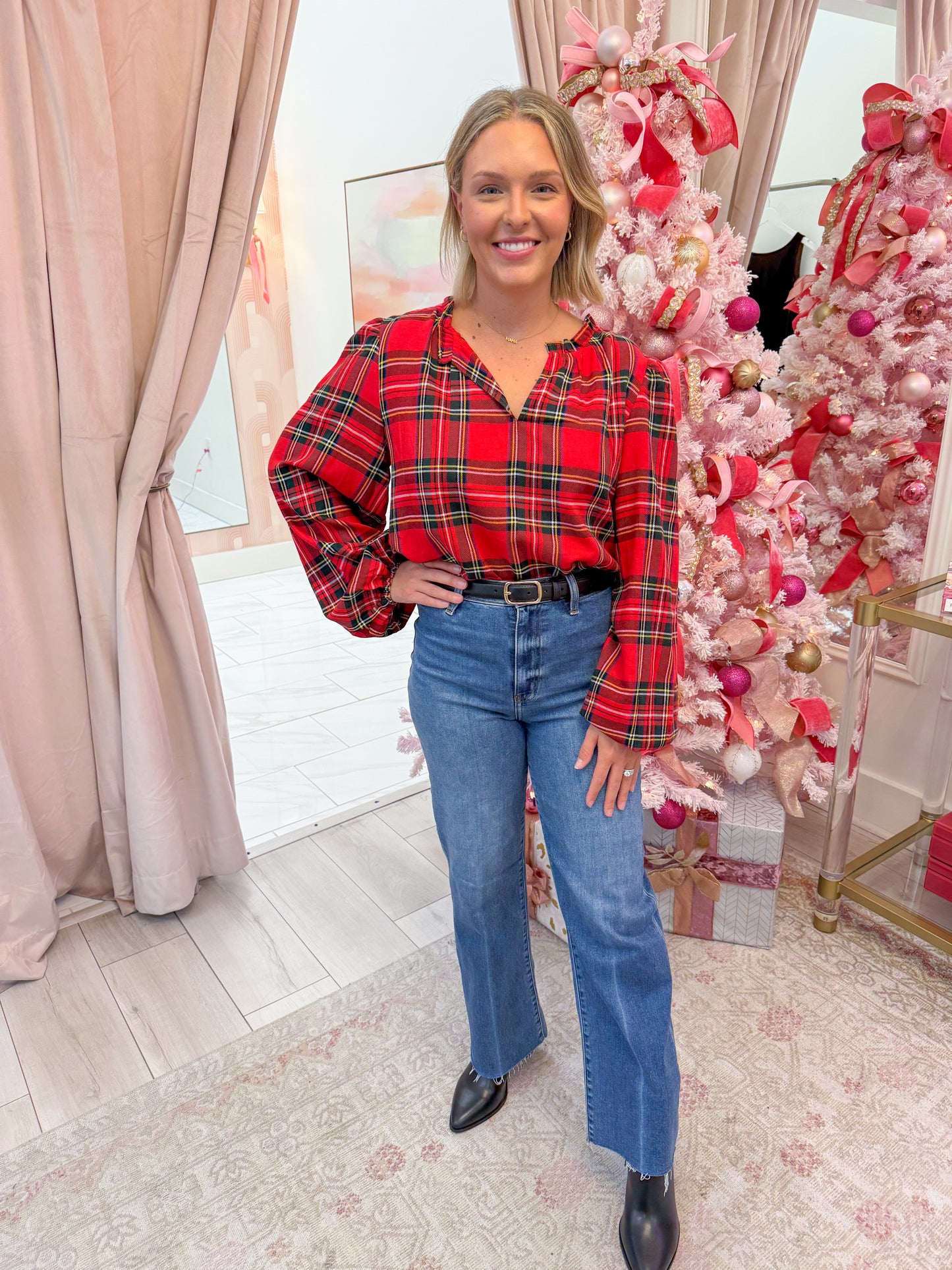 Holly Plaid Ruffled V-Neck LS Blouse