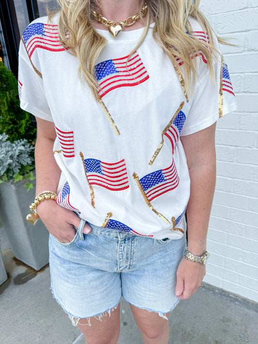 Scattered Metallic American Flag Tee
